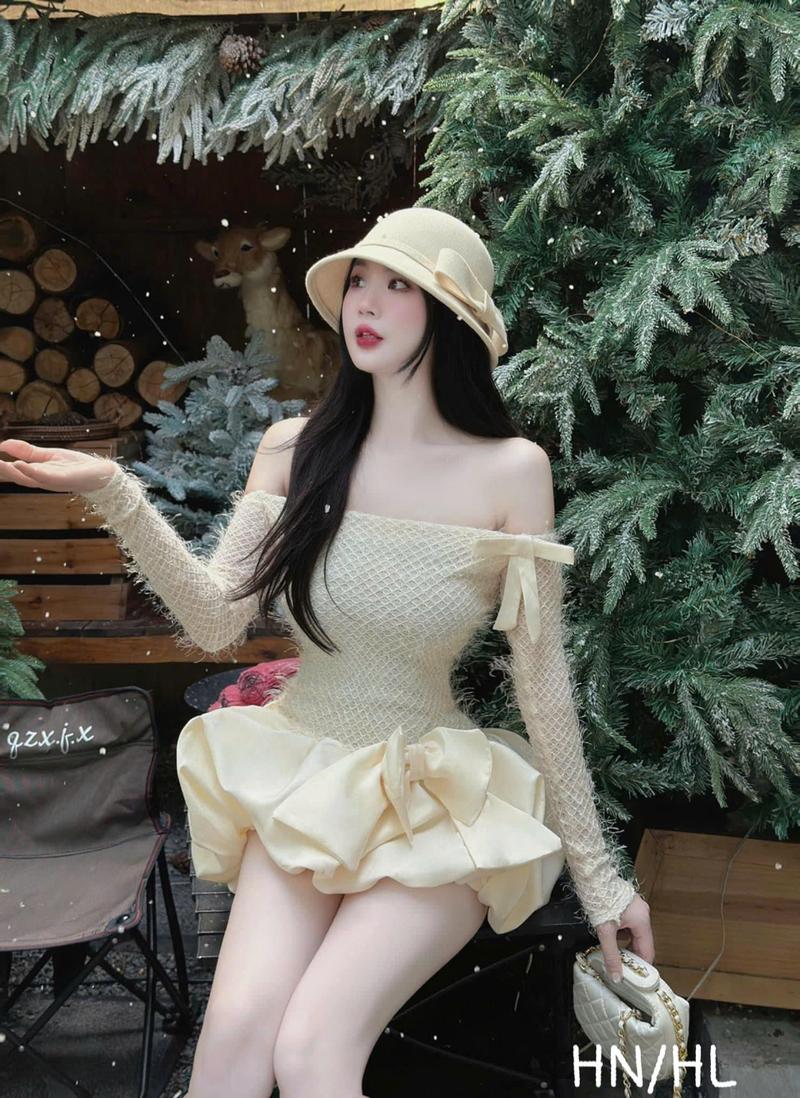 Product Introduction of Váy Lông Trễ Vai Tay Dài Đính Nơ 2 Màu siêu Hot.Hàng Thiết Kế Jaewon Boutique Nữ Women Dress Tre đầm đen  m váy dự tiệc vay xinh 1