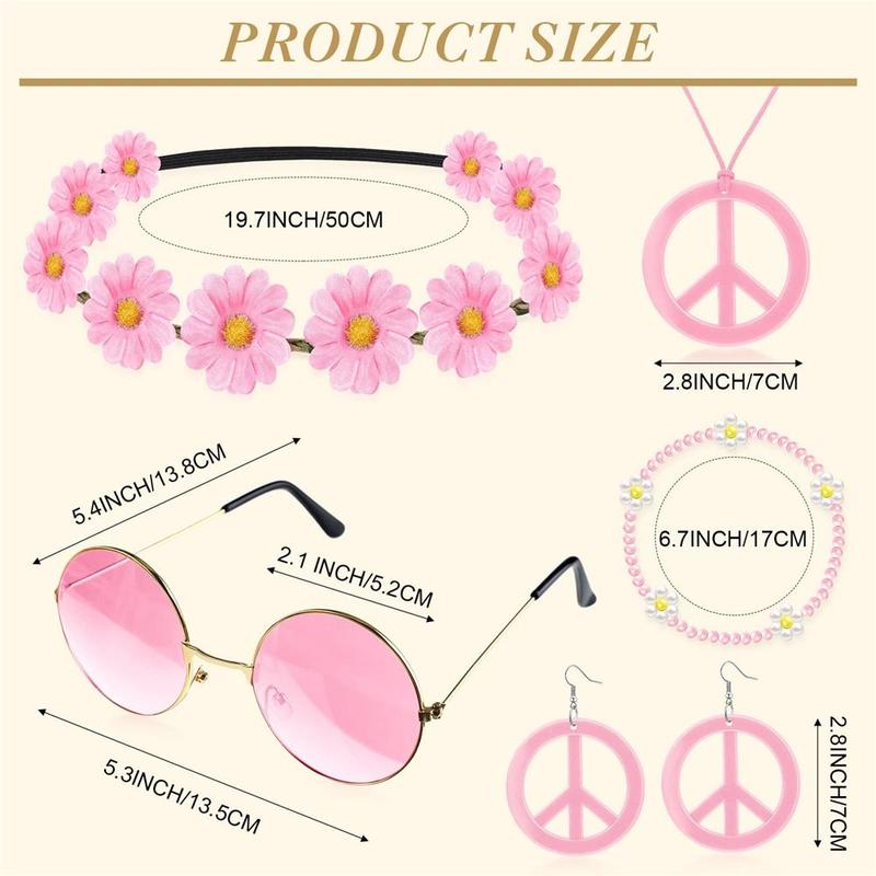 Product Introduction of 6 Pcs 60's 70s Style Women's Hippie Costume Set Boho Peace Sign Hippie Costume Accessories Set Wristband for Groovy Party Girls 16