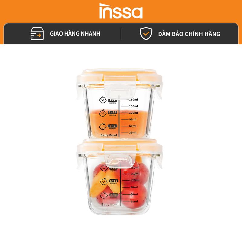 InssaVN Bộ 2 hộp thủy tinh chịu nhiệt BLFH002, đựng thức ăn dặm và sữa cho bé có chia vạch mức