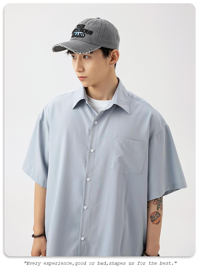 Product Introduction of Korean Men's Smooth Draping Short-Sleeved Shirt Men's Summer New Pure Color Couple Casual Loose Shirt Jacket Menswear Top Lingerie Human Oversize Plain Beige Baggy Vintage Tights Collar Collared Tropical 14