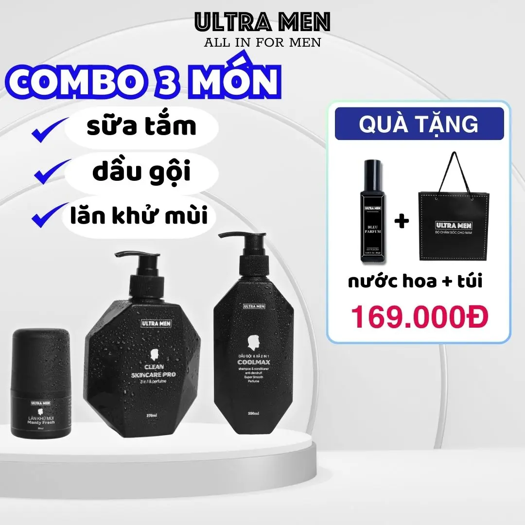Combo Sữa tắm nam + dầu gội nam + Lăn khử mùi , Bộ quà tặng nam giới cao cấp