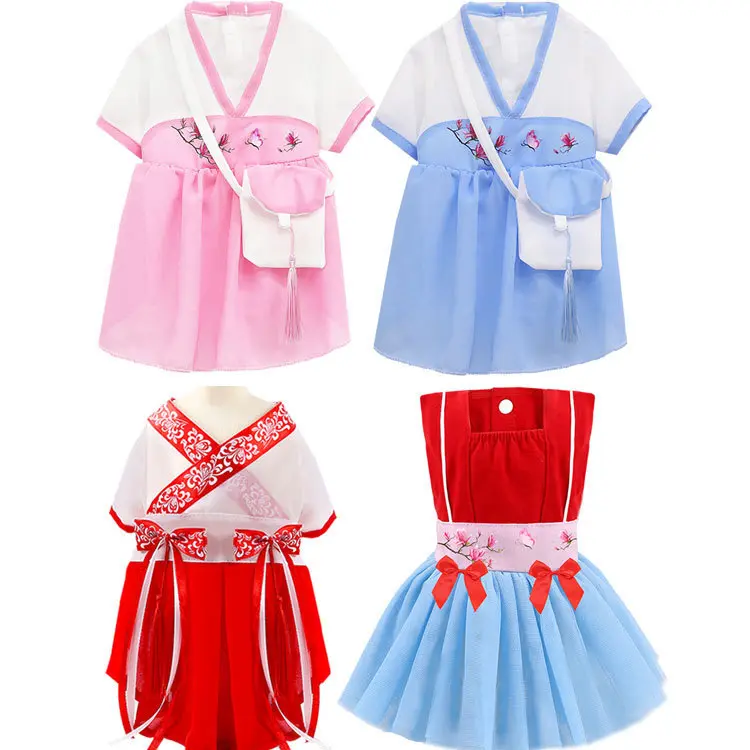 Supermaid Pet Hanfu Dress Dog Clothes Cat Apparel Chiffon Crossbody Bag Chinese Style Spring Summer Outfit