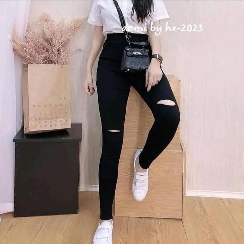 Quần jean nữ ôm đen rách gối cạp siêu cao. Women Pants jean  Denim Lưng Cao