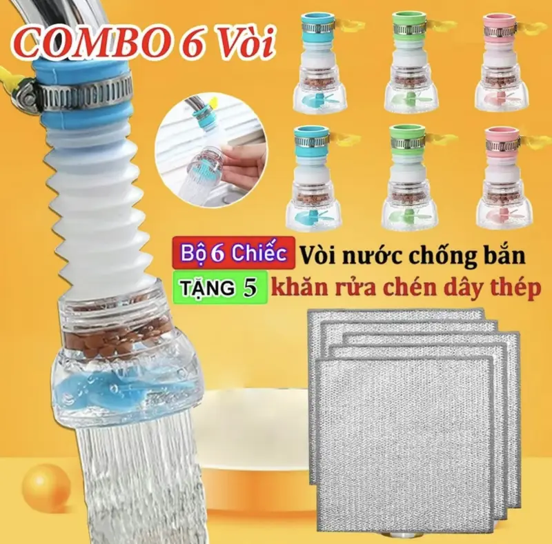 Đầu vòi lọc nước rửa bát tăng áp xoay 360 có thể kéo dài chống bắn nước ra ngoài, có cánh quạt 0