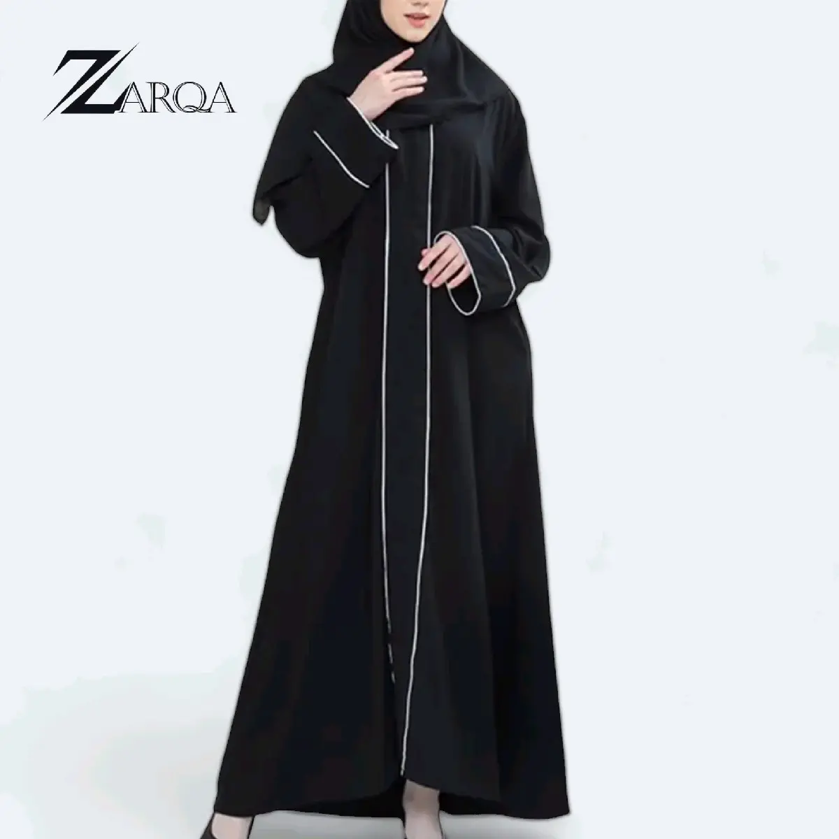 ZARQA - Feliya Abaya | Gamis Hitam Syari Saudi List Bisban Putih Airflow Crinkle Dress Maxi Lebaran Wanita Remaja Dewasa Muslim Simple Bordir Mewah Umroh Basic Pesta Kondangan