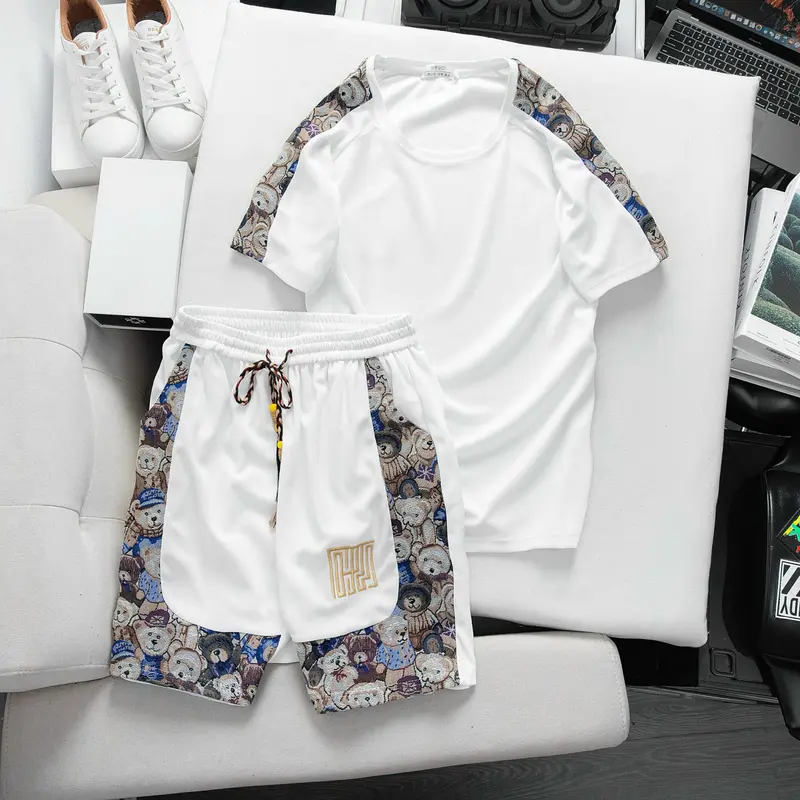 Bộ quần áo nam nữ AMYCHY ngắn tay waffle phối vải gấm dệt gấu nhỏ menswear, thời trang phong cách, co giãn 4 chiều thoáng mát 0