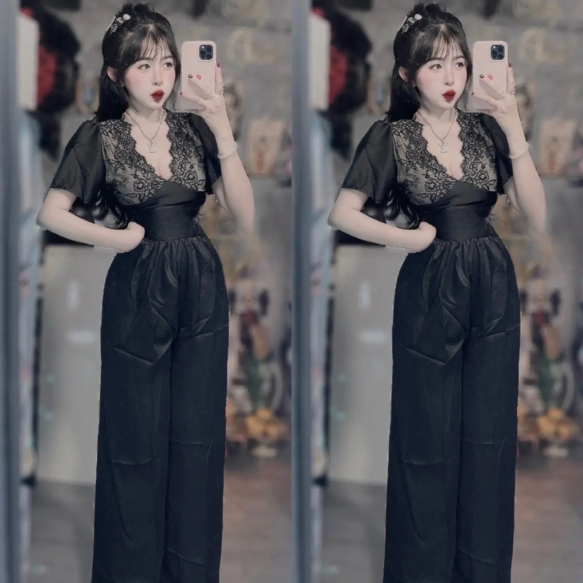 Set áo phối ren quần suông chất lụa satin Nữ Top