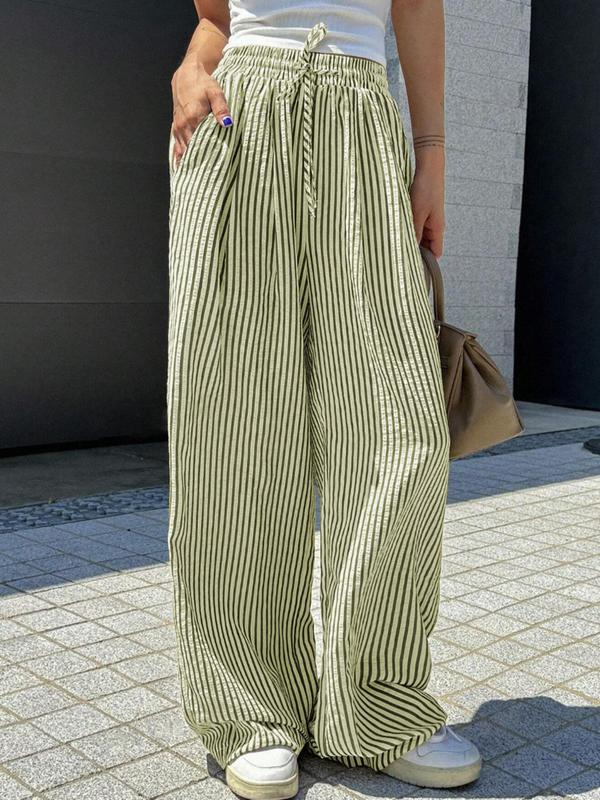 Women's Striped Print Drawstring Waist Wide Leg Pants, Casual Pocket Trousers for Daily Wear, Ladies Bottoms for All Seasons 6
