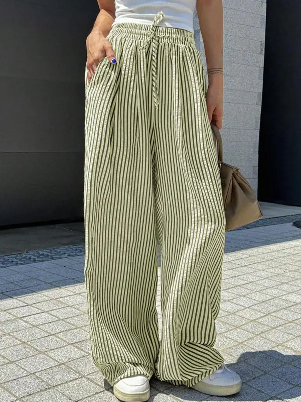 Women's Striped Print Drawstring Waist Wide Leg Pants, Casual Pocket Trousers for Daily Wear, Ladies Bottoms for All Seasons 6