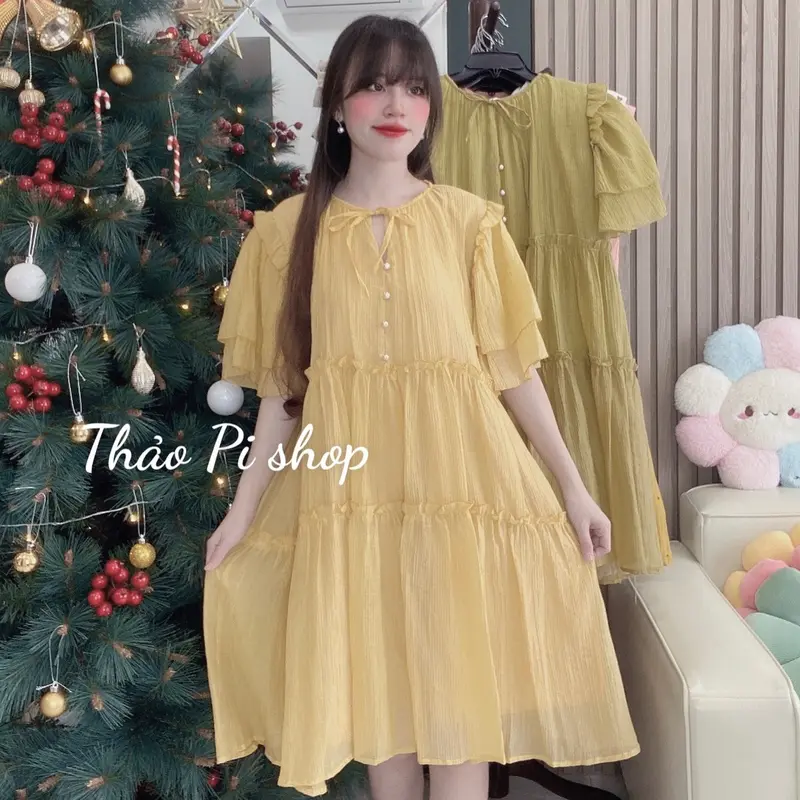 Đầm babydoll Nữ dáng suông rộng tay phồng phối nút siêu đẹp - M8 7