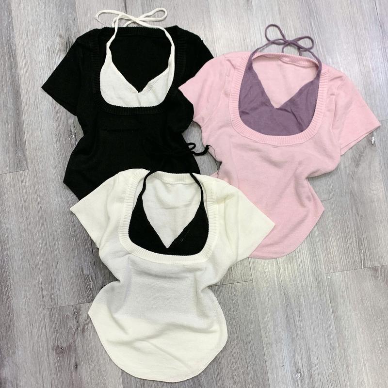 Áo len nữ tay ngắn cổ kiểu vuông cột yếm phom ôm dưới 52kg [LOT DÂY CỘT] Kem