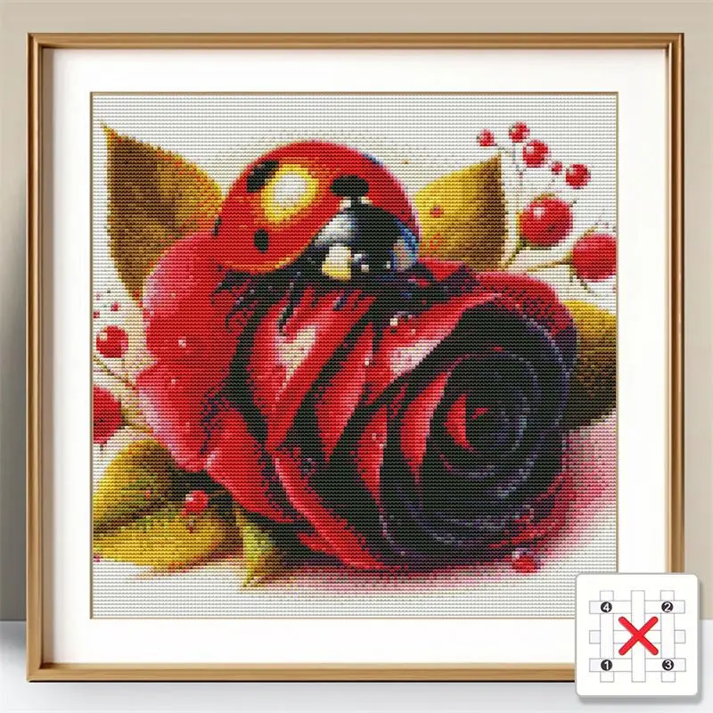 Rose Flower Ladybug Cross Stitch Embroidery Kit, DIY Needlework Printed Canvas Embroidery Tool Kit, Home Living Room Art Craft 0