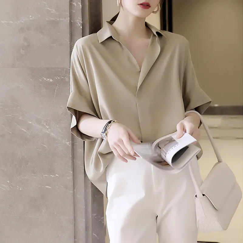 Shirt women's short sleeve minority simple Korean style white shirt lazy and loose all-match mute design blouse Top Womenswear