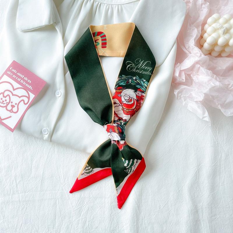 Product Introduction of JASMIN NOIR Silk Red Christmas New Year Print Strip Scarf Women's Hairband Tie Bag Accessories Ribbon Decoration for Bag Christmas  Gift 18