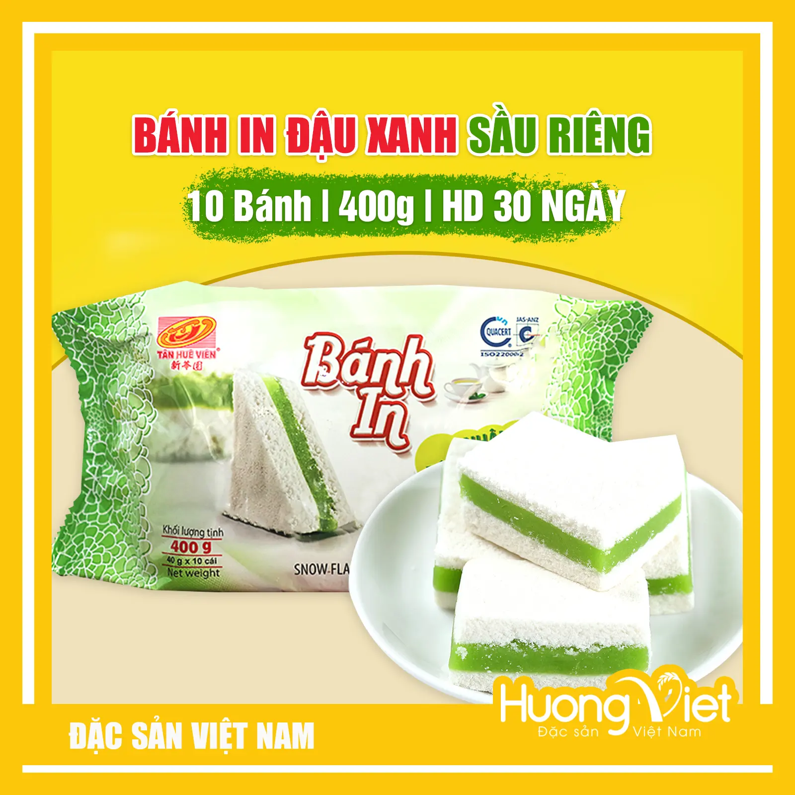 Bánh in Tân Huê Viên 400gr nhân đậu xanh lá dứa, đậu xanh sầu riêng túi 10 bánh, đặc sản Sóc Trăng làm quà biếu, đồ ăn vặt miền Tây