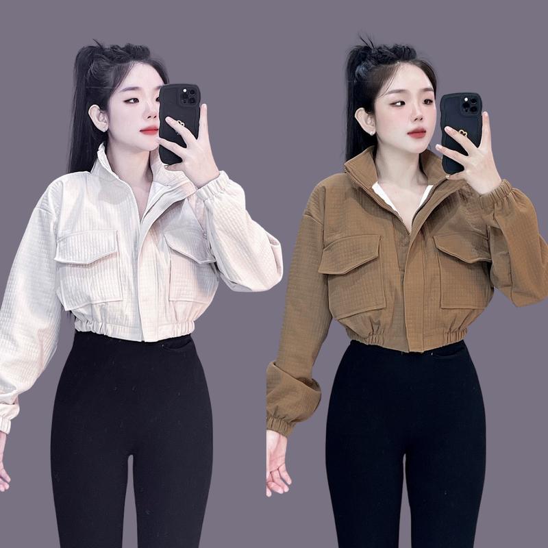 Áo khoác Cổ Trụ chất xốp ô 2 da form croptop, ôm _ một cỡ dưới 55kg _RTEE SHOP , Nữ , Jacket , Women Có Cổ