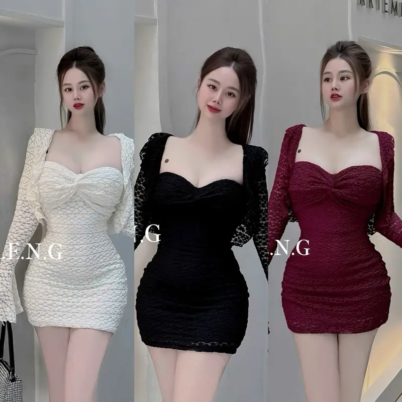 Set Đầm Ren Bông Tằm Xoắn Ngực Kèm Khoác Tay Loe Hot