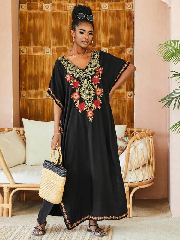 【Plus Size】Ethnic Pattern Split Hem Arabian Dress, Modesty Elegant Batwing Sleeve Notched Neck Long Dress, Holiday Dresses, Muslim Dresses for Women, Summer Kaftan Dress, Wedding Guest Dress, Plus Size Dresses 7