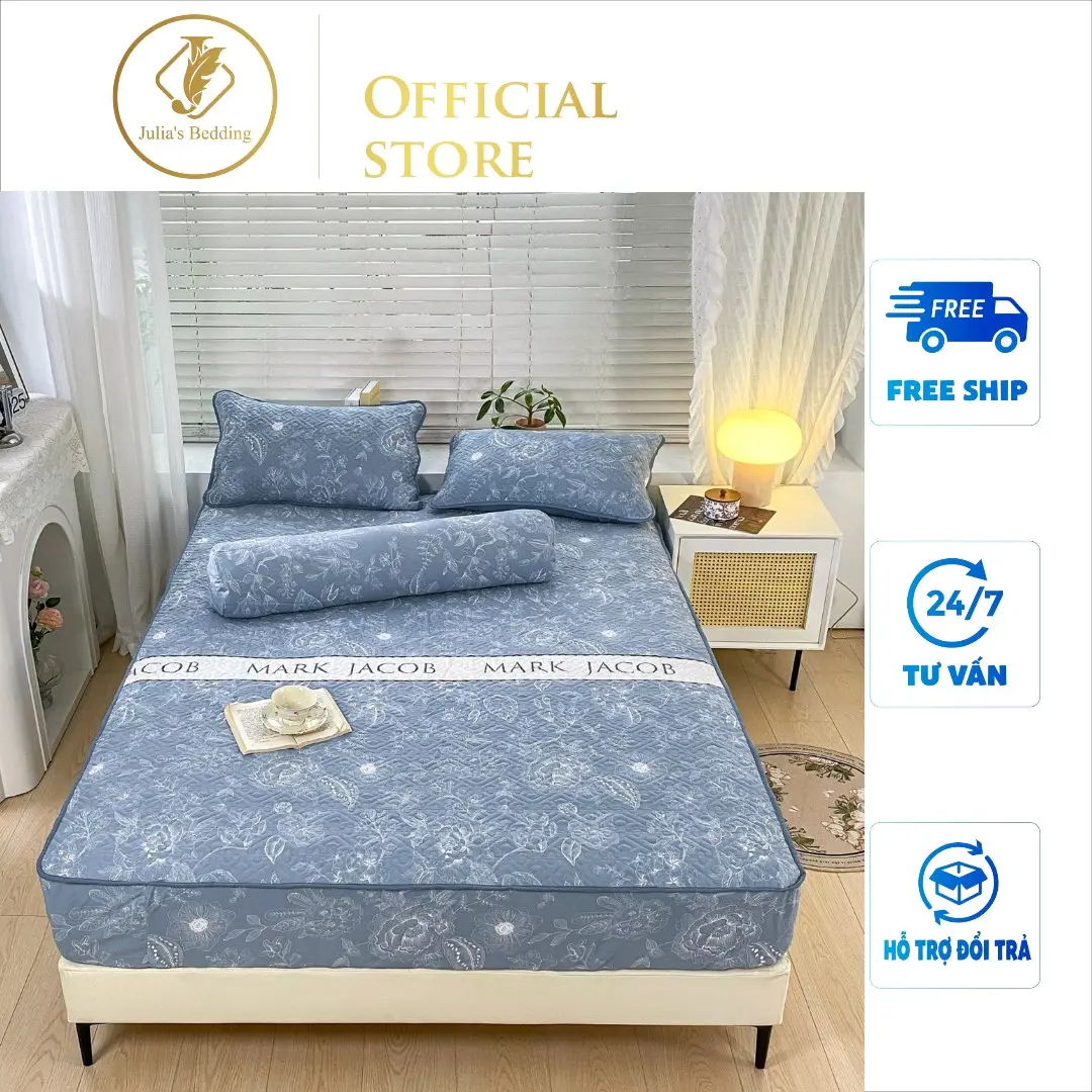 Bộ ga gối (4 món) COTTON ĐŨI hoa vintage Trần bông siêu mềm mịn, siêu thoáng mát. Gồm 1 ga chun trần bông bọc đệm, 2 vỏ gối đầu và TẶNG kèm 1 vỏ gối ôm cùng tông màu