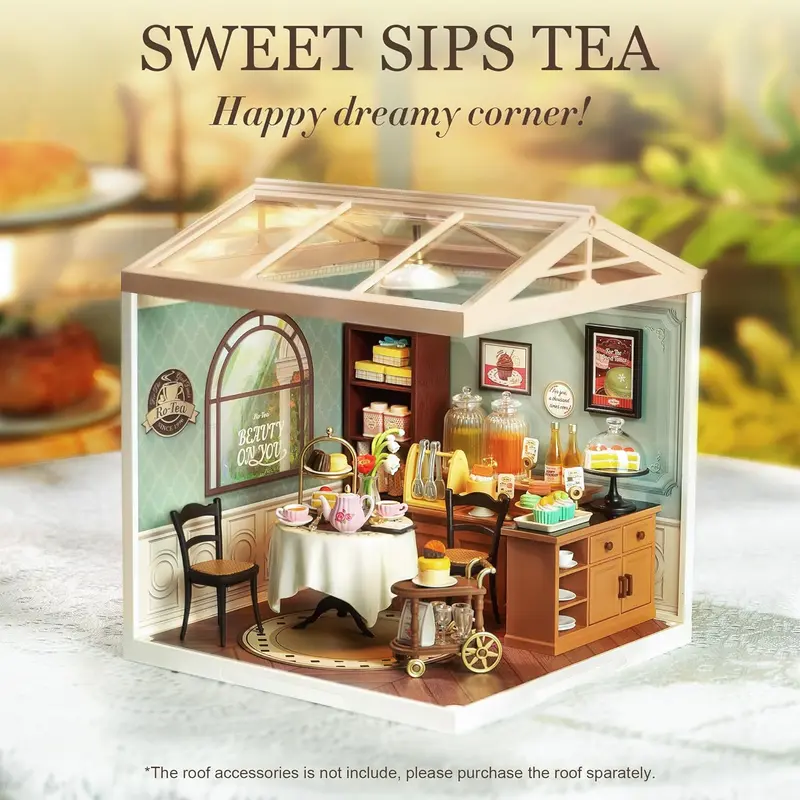 ROBOTIME Miniature House Kit DIY Plastic House Building Toy Set with LED Tiny Store Making Kit Model Craft Hobby Unique Gift DW011 Sweet Sips Tea 2