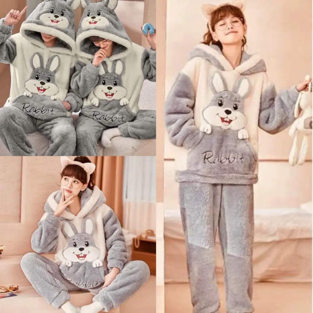 Bộ ngủ lông cừu 2 mặt mượt mà thêu thỏ xám Rabbit mũ trùm đầu dễ thương, đồ bộ mặc nhà lông gấu form rộng dài tay hàn, SUKA SHOP Thun Nữ