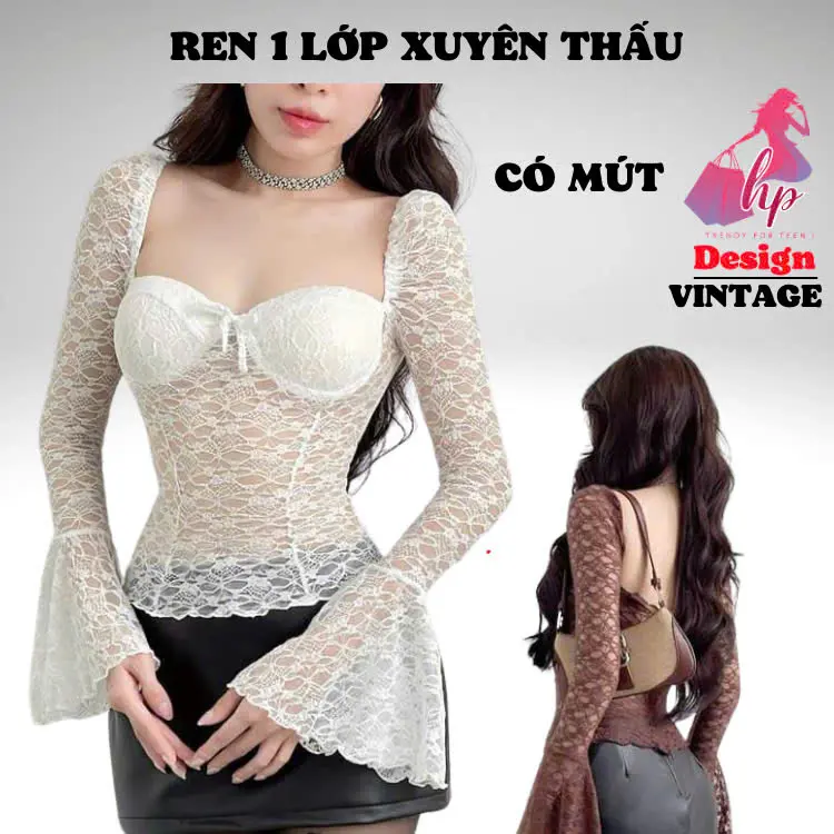 ️Áo thun kiểu ren xuyên thấu ôm body cúp vòng 1 tay dài loa, áp phông nữ co giãn nhẹ hàn quốc sang chảnh G952 Women Top Voan Màu Nâu Jean có bigsize