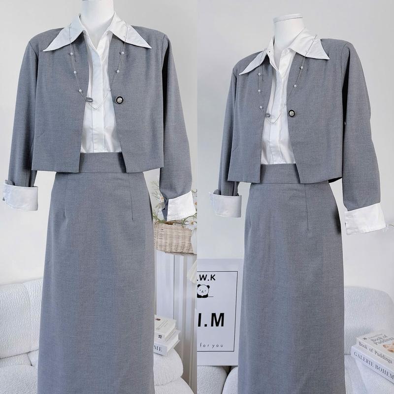 [Kim Clothing] Set 3 món áo sơ mi tay dài cổ bẻ + áo blazer croptop gài nút + chân váy bút chì 6