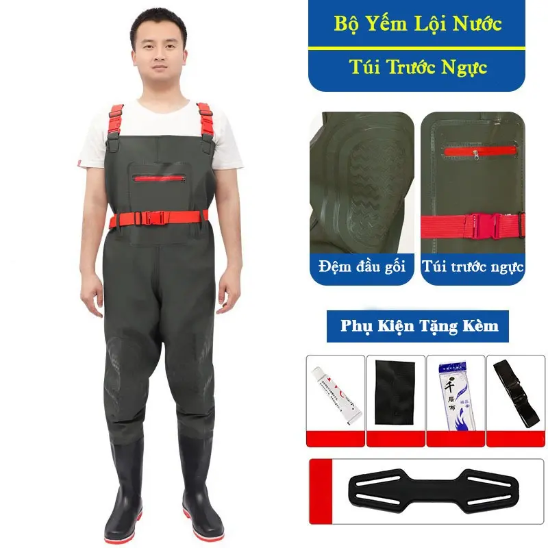 [ Size 37 - 44 ] Bộ Yếm Lội Nước Chống Thấm Màu Đen Xám Có Túi Ở Giữa, Bộ Quần Áo Lội Nước Cao Su, Yếm Ủng Chất Lượng