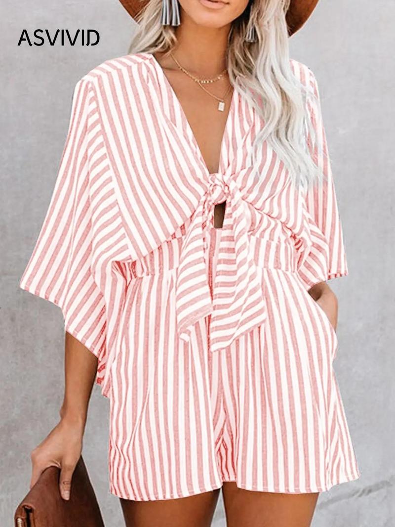 Product Introduction of Women's Striped Print Knot Front Romper, Casual Batwing Sleeve Pocket Jumpsuit, Ladies Clothes for Summer Daily Wear 5