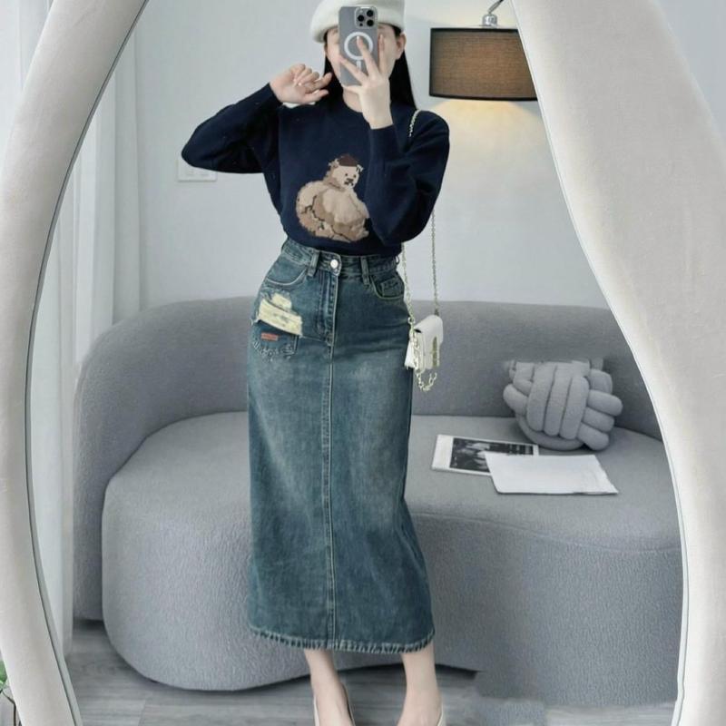 Cv jean MÀI TÚI không co giãn hack dáng tôn eoo Bigsize dài váy 91cm Nữ