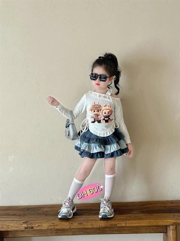  Set bộ cho bé chân váy nhung xoè tầng bồng bềnh phối áo tăm trễ vai kèm hình in Labubu cho bé từ 8-30kg 