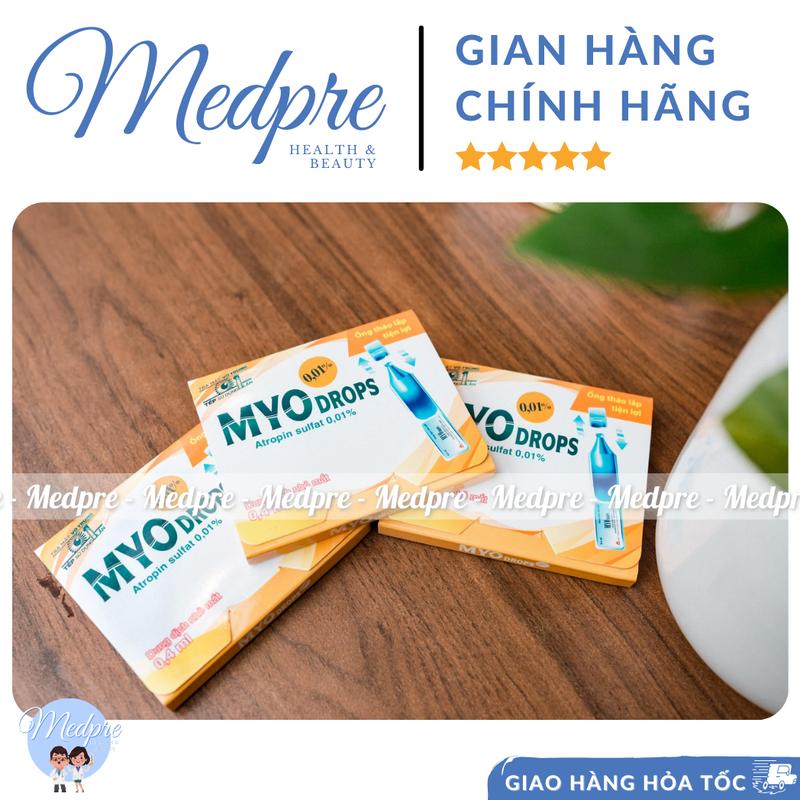 Dung dịch nhỏ mắt MYODROPS 0,01 (Atropin 0,01%) - Làm chậm và kiểm soát quá trình tăng độ cận - Hộp 4 vỉ 20 tép - Medpre 4