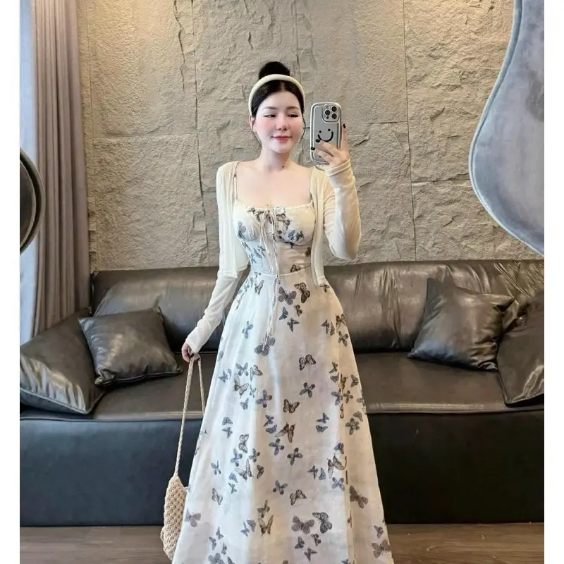 Sét đầm vây 2 dây cổ vuông in hoạ tiết+ áo khoác ngoài bigsize huongbe