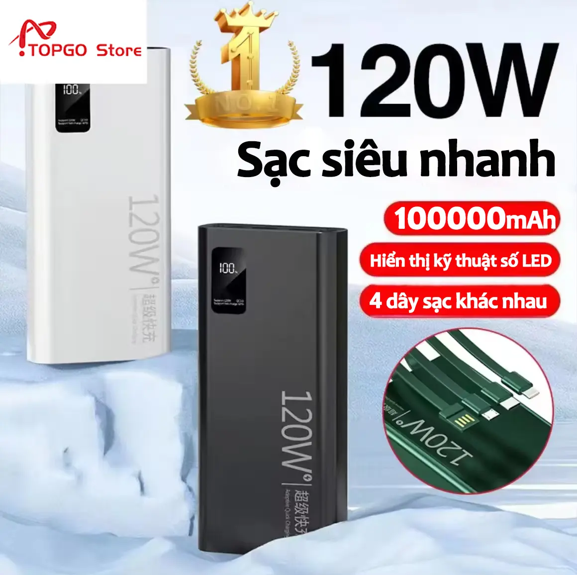 cục Sạc Dự Phòng 50000mAh，100000mAh  Sạc Siêu Nhanh 120W Có 4 Dây Cáp Sạc Màn Hình Led