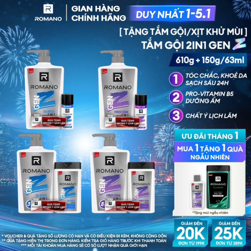   DUY NHẤT 1-5.1  Bộ Đôi Toàn Năng  Tắm Gội 2in1 Gen Z 610g + Lăn Xịt Khử Mùi Gen Z 40ml  140ml Romano 2 Mùi Hương 