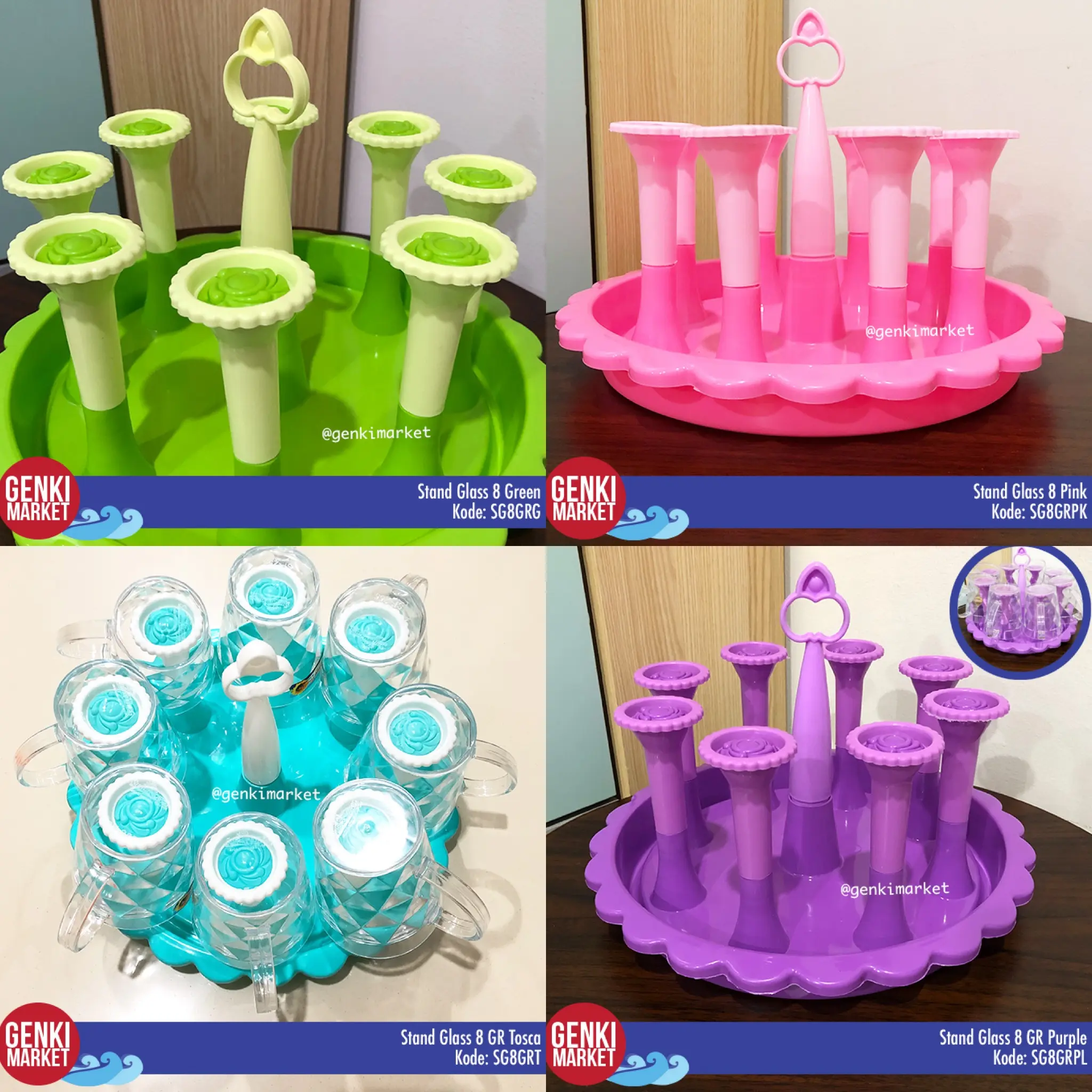 Tempat Gelas Berdiri Isi 8 / Stand Glass 8 Genki Market Diamond Hijau