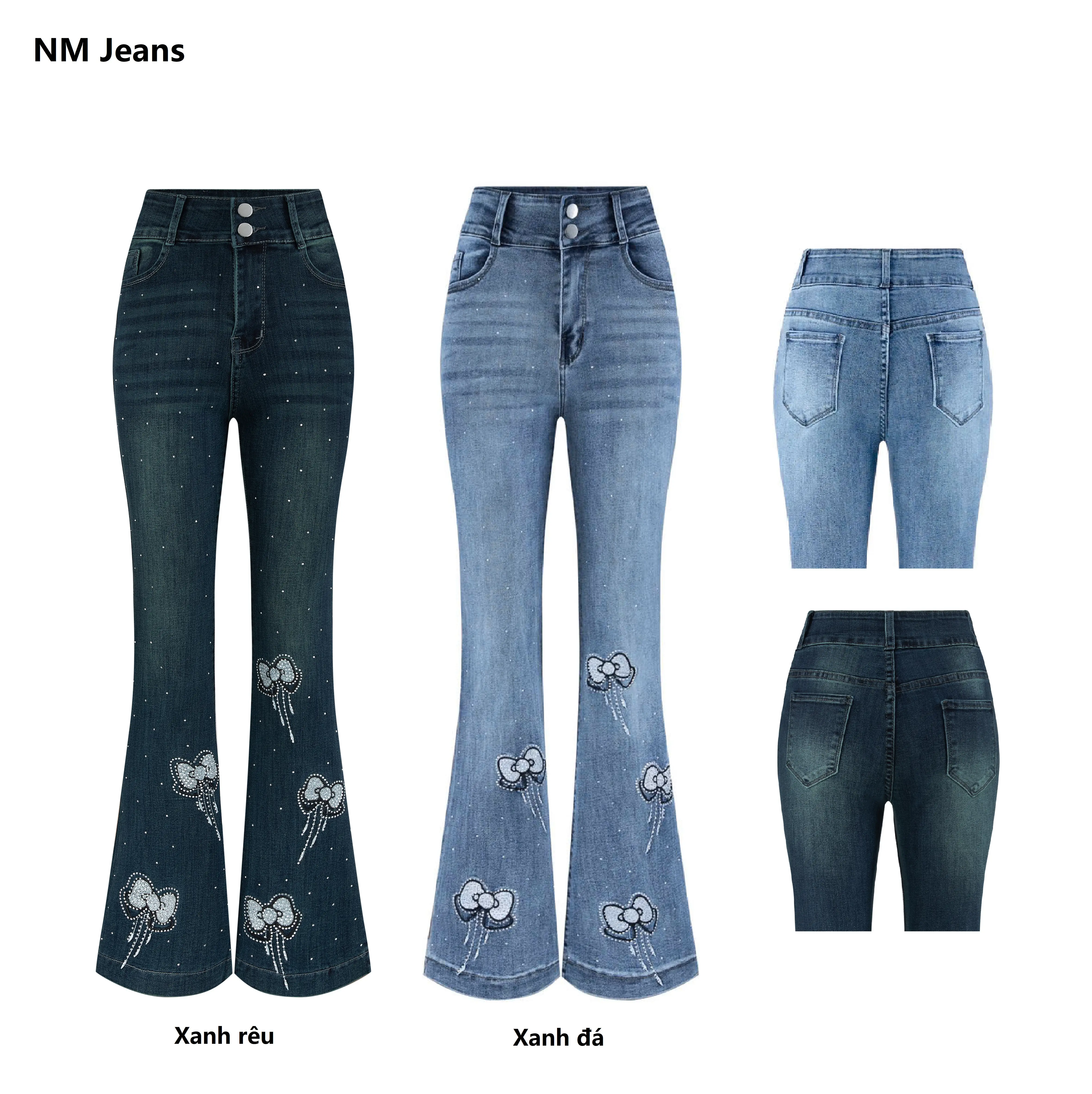 [98-100cm] Quần jean nữ ống loe thêu nơ lai đính đá NM Jeans, chất co giãn, đủ size từ 40kg đến 75kg, 2 màu