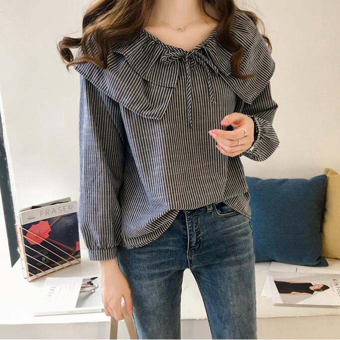 Product Introduction of Korean style Women Blouse baju wanita casual Long Sleeve Stripe shirt Tops Lady Clothing 19
