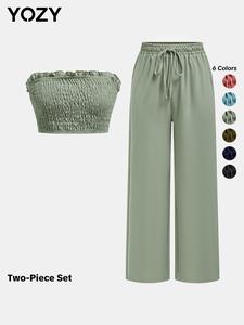 YOZY Shirred Tube Top & Drawstring Waist Pants Set, Elegant Plain Strapless Crop Top & Wide Leg Trousers, 2024 Women's Spring & Summer Outfits for Daily & Vacation Wear, Womenswear