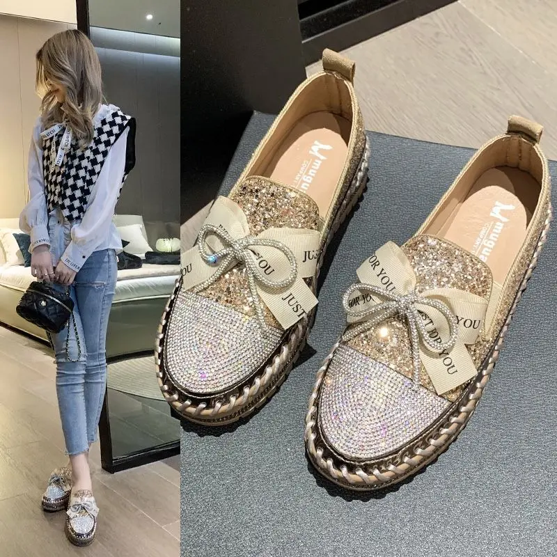 Giày Loafer Lười, Giày Mùa Lò Xo Cho Nữ, Thời Trang Mới, Thiết Kế Đế Dễ Phối Đồ Phong Cách Hàn Quốc, Có Nơ đính đá