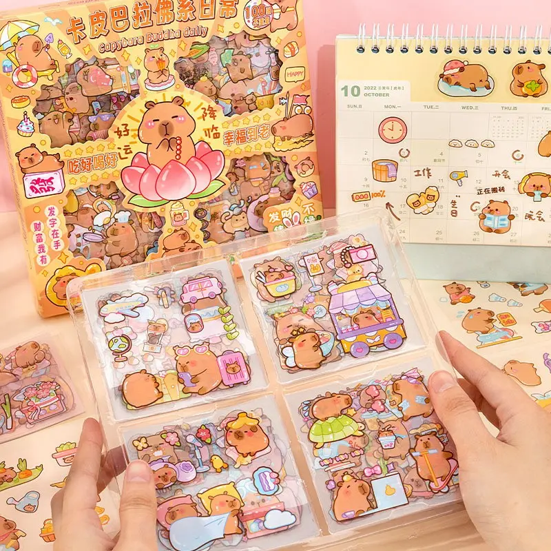Hộp 100 tấm sticker Capybara, miếng dán DIY trong hình Capybara nhiều mẫu, chuột lang đáng yêu cute 0