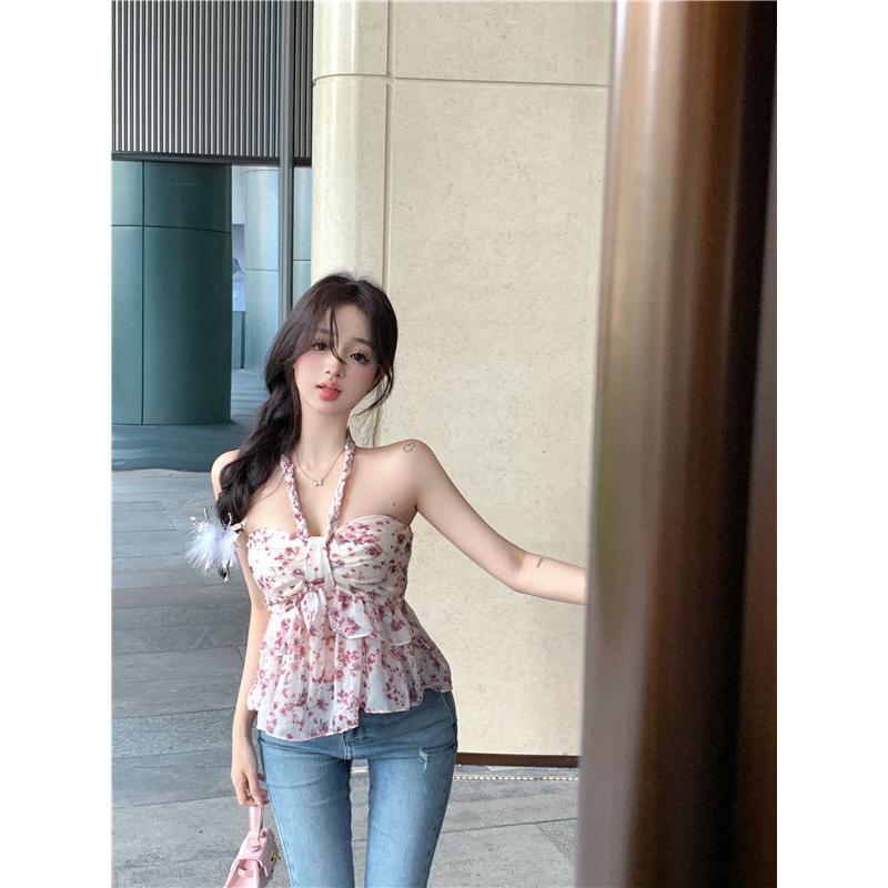Halter Red Floral Print Sweet and Spicy Women's Chiffon Shirt Top Vest Spaghetti Straps Outerwear 4