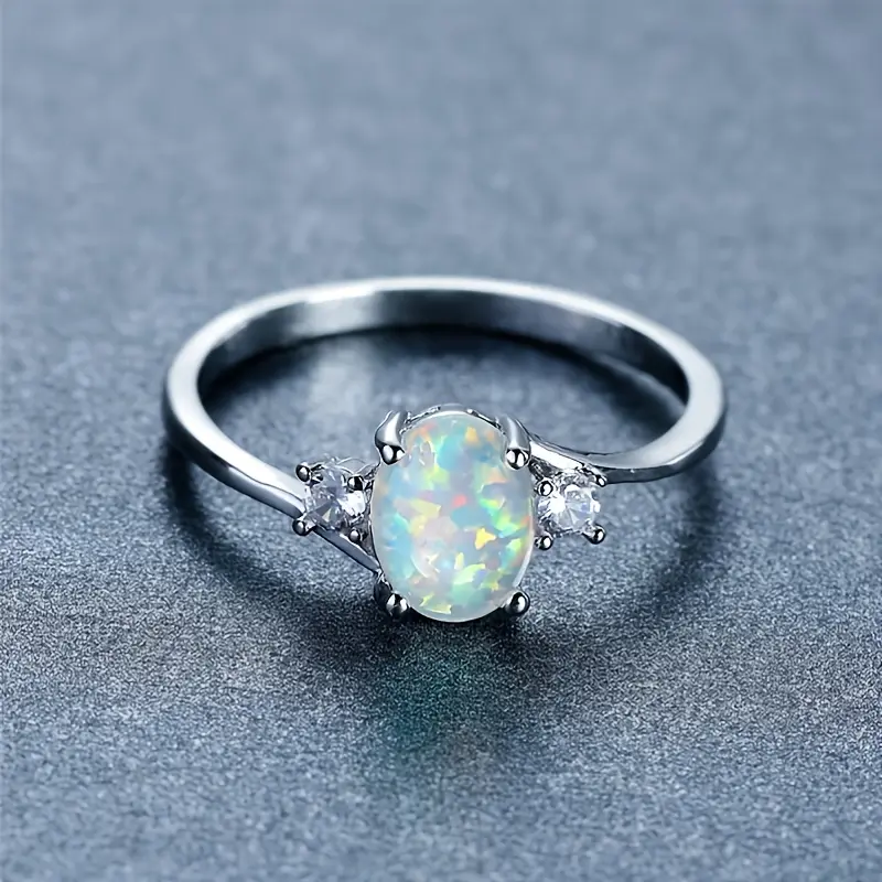 White Opal Stone Engagement Ring Classic Silvery Color Luxury Artificial Crystal Oval Wedding Rings For Women 3