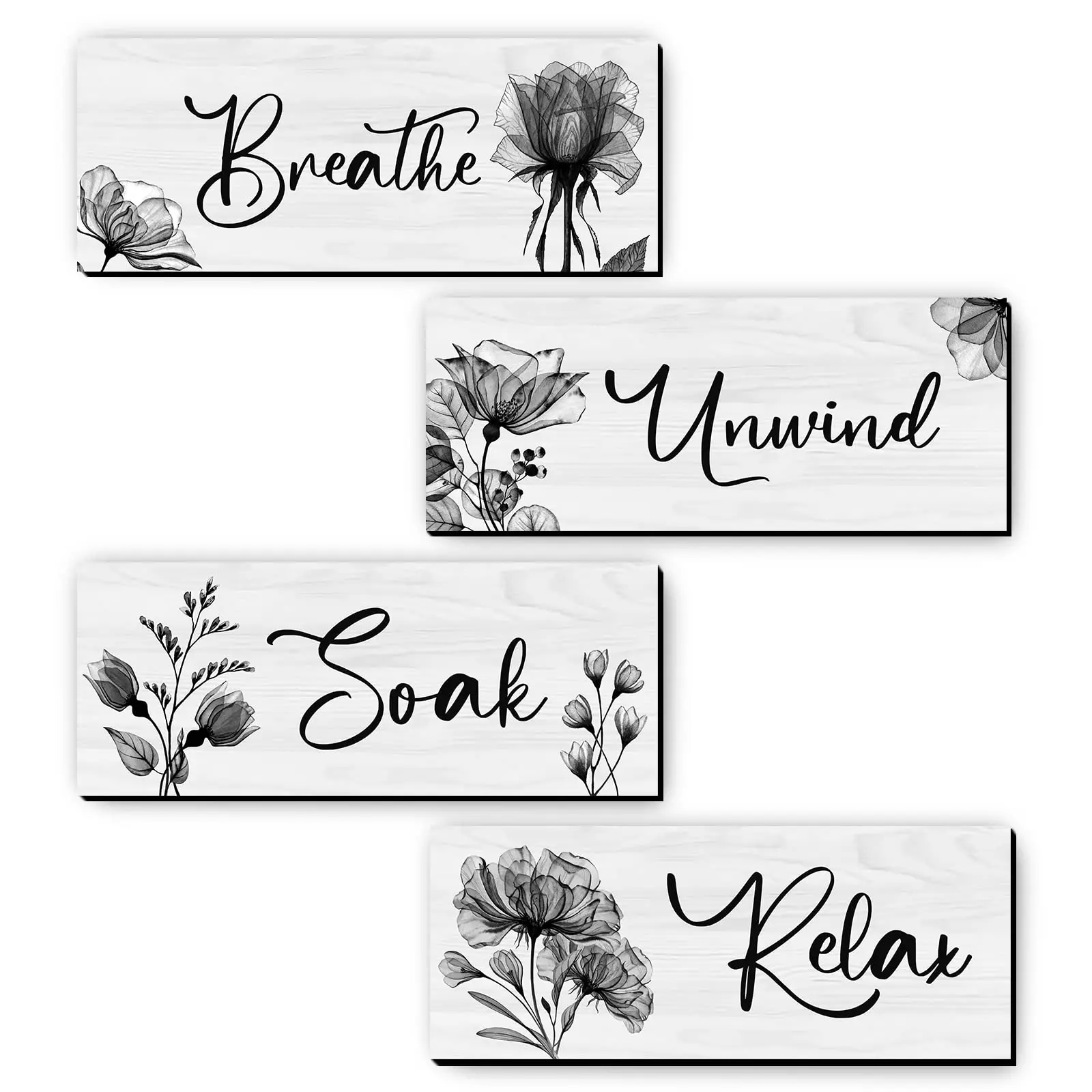 Wooden Letter & Floral Pattern Sign, 4pcs/set Rustic Farmhouse Decor Plaque, Hanging Wall Decor for Home Bathroom