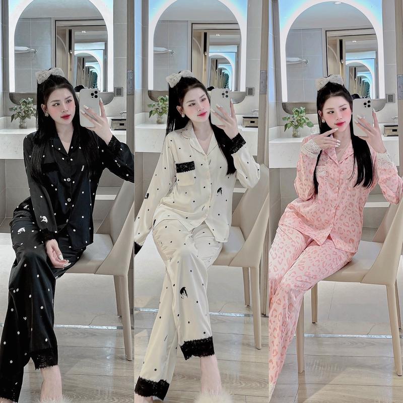 Bộ tay dài lụa latin, tay phối ren Nhiều hoạ tiết , Hình hạc tim đen tay dài, hình beo hồng, Hình Tim Kem , Họa tiết nơ hồng , Hình hoa xanh phom 40-58kg Nữ Áo Top Áo Ngủ Women Bo Chun Nho