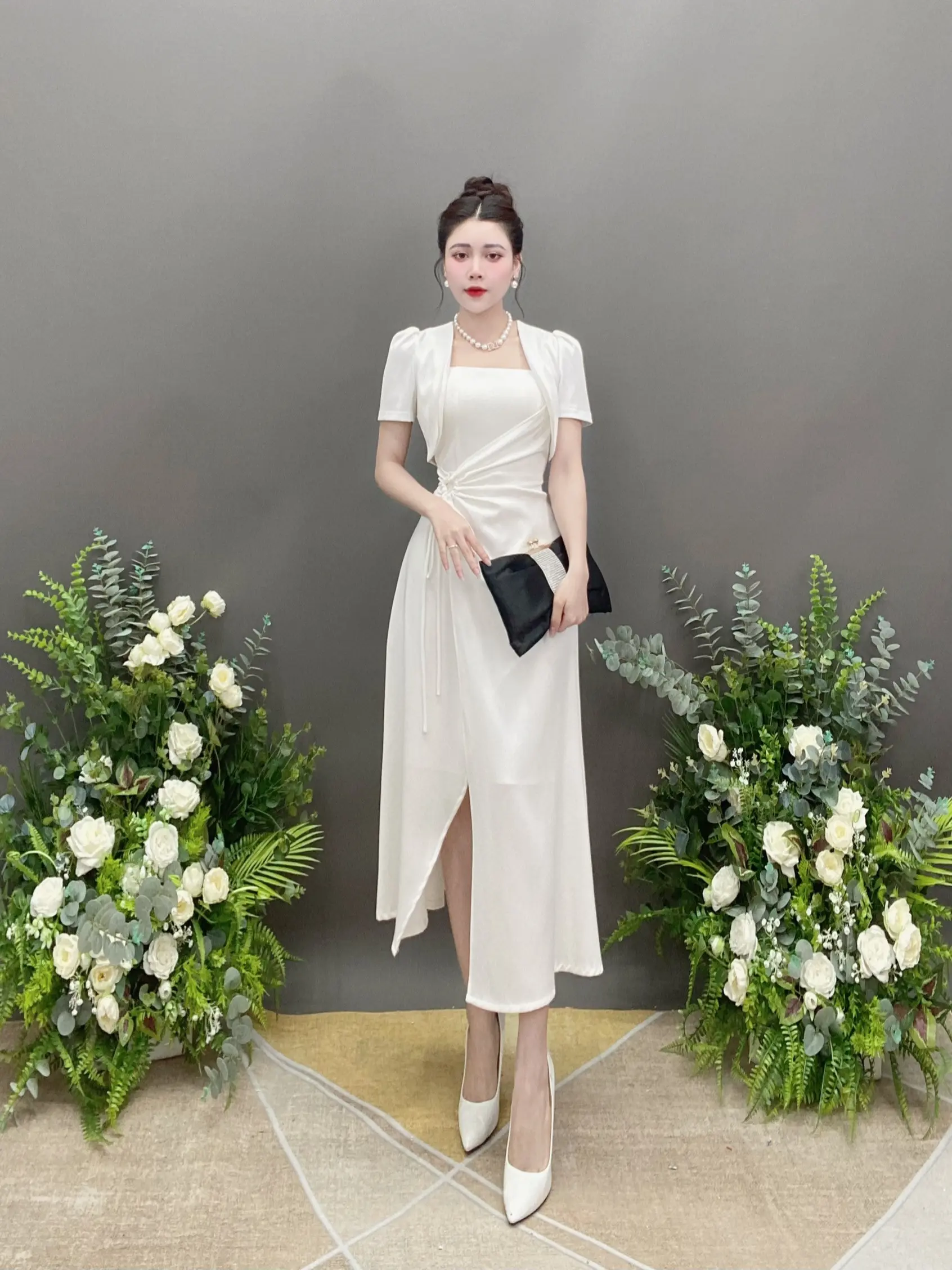 Váy Thiết Kế VQLADY V1 dành cho  Nữ  Đầm thiết kế dáng xoè (có kèm 1 áo khoác )  phù hợp đi chơi và đi dự tiệc Dress Women Trắng Kem Nhung Kem Voi váy  đỏ