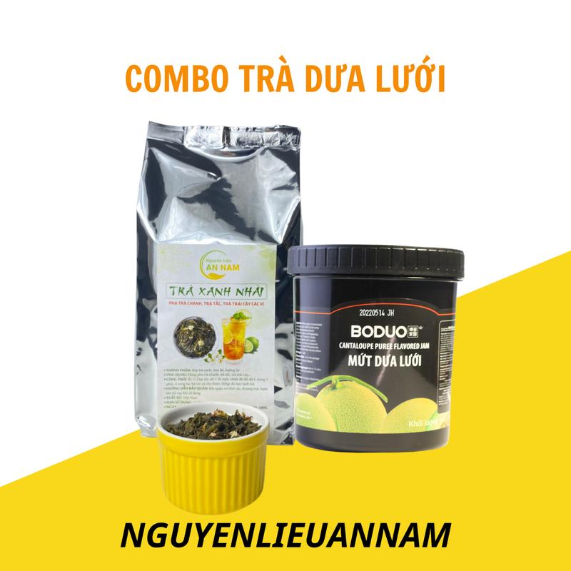 COMBO PHA TRÀ DƯA LƯỚI thơm ngon- gồm 1 gói trà xanh nhài 500gr, 1 hộp mứt dưa lưới 1,3kg Nước Trà Tea Chè Chua