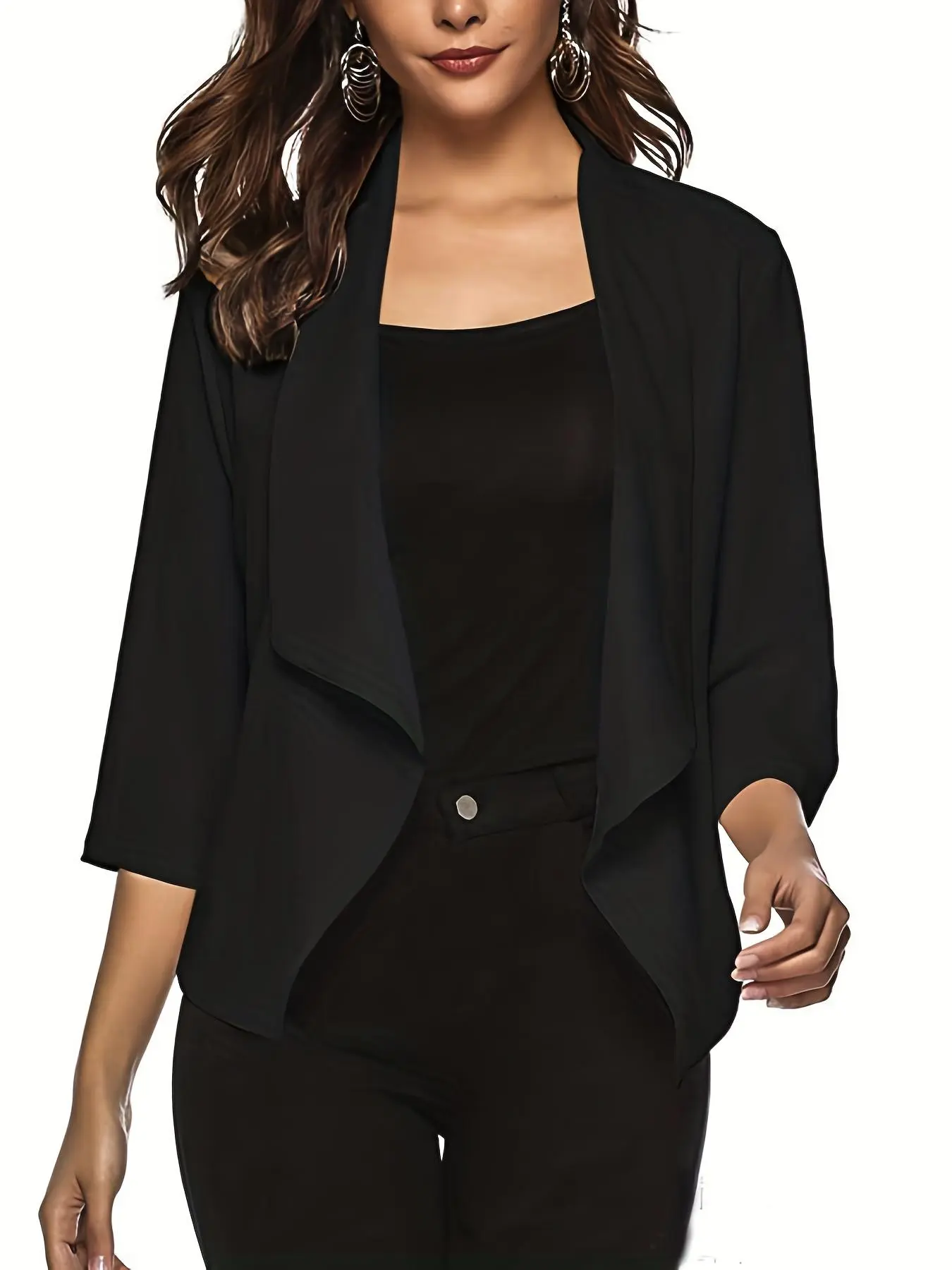 Women's Solid Shawl Collar Chiffon Cardigan, Casual Basic Comfort 3/4 Sleeve Open Front Knitwear, Lady Tops Clothing for Daily Wear, Womenswear