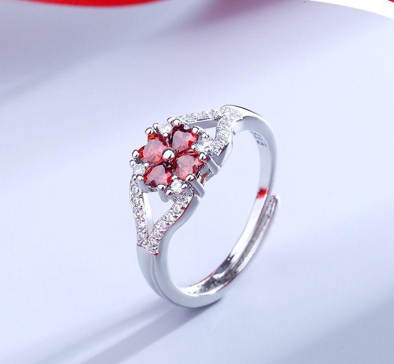 Product Introduction of Red New Style Four-Leaf Clover Necklace Women's Set Pomegranate Red Zircon Bracelet Ear Studs Ring Ornament Four-Leaf Clover Suit 8