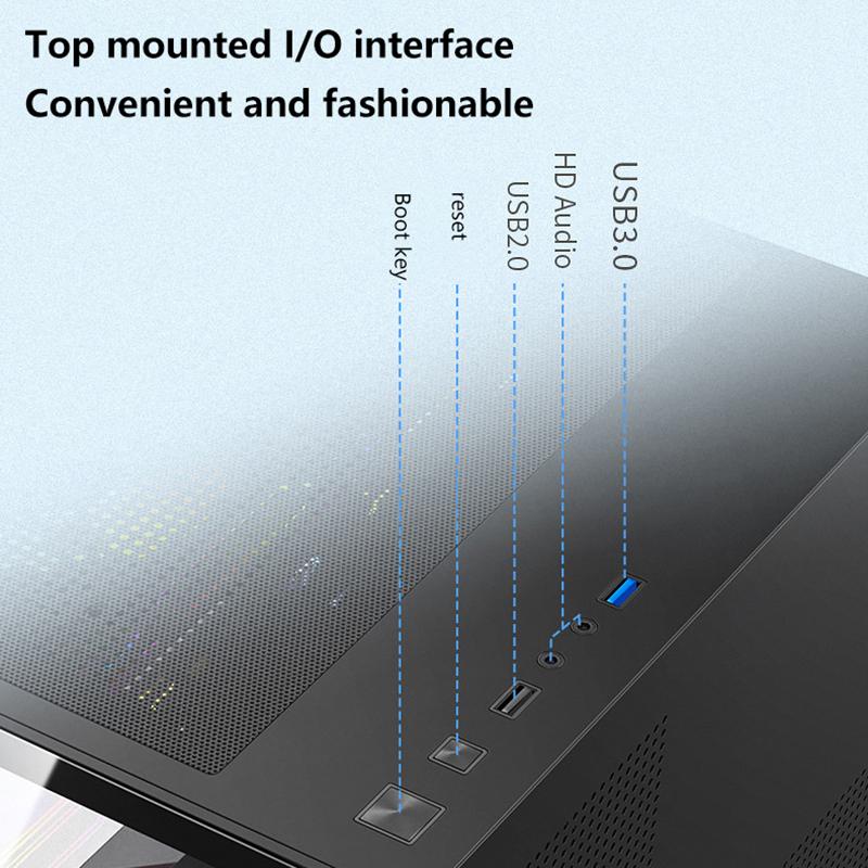 Product Introduction of 270 Degree Glass PC Case Transparent Desktop Computer Tower For M-ATX/ITX Motherboard SSD 7 Air Cooling Fans 320mm Graphic Card 22